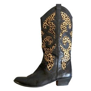 Leather & Cheetah Leopard Calf Hair Western Cowgirl Boots Black Tan Brown 8.5